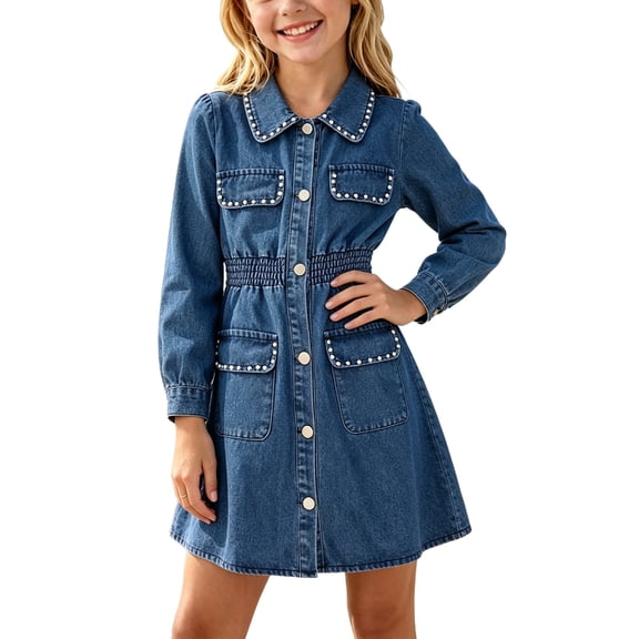 OGLCCG Girls Summer Denim Dress Long Sleeve Lace Hem Button Down Jean Shirt Dresses Trendy Kids A Linen Mini Dress Size 1-12