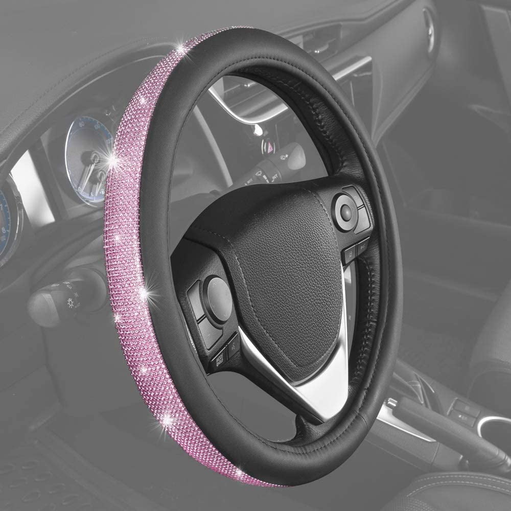 Anti-Slip Steering Wheel Protector FLKAYJM Pink Diamond Leather Steering Wheel Cover with Bling Bling Crystal Rhinestones Universal Fit 37-38.5cm Car Wheel Protector for Women Girls 