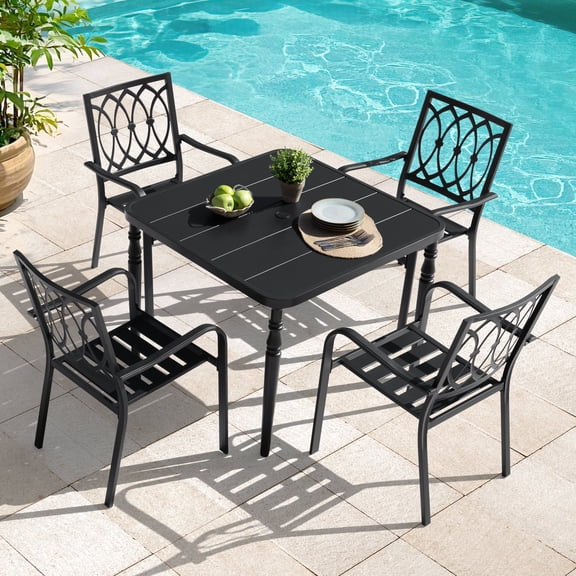 Nuu Garden 5-Piece Metal Patio Dining Set with Umbrella Hole, a 37'' Square Outdoor Dining Table and 4 Stackable Patio Dining Chairs with Interlaced Oval Motif Backrest, All Weather, Black