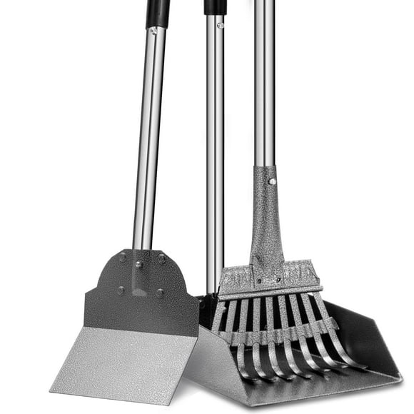 Dogs Pooper Dog Scooper, Tray Rake and Spade 3 Pack Poop Scoop Adjustable Long Handle Metal with Bin for Pet Waste Removal, No Bending Clean Up for Large and Small