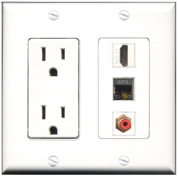 RiteAV - 15 Amp Power Outlet 1 Port HDMI 1 Port RCA Red 1 Port Shielded Cat6 Ethernet Ethernet Decorative Wall Plate