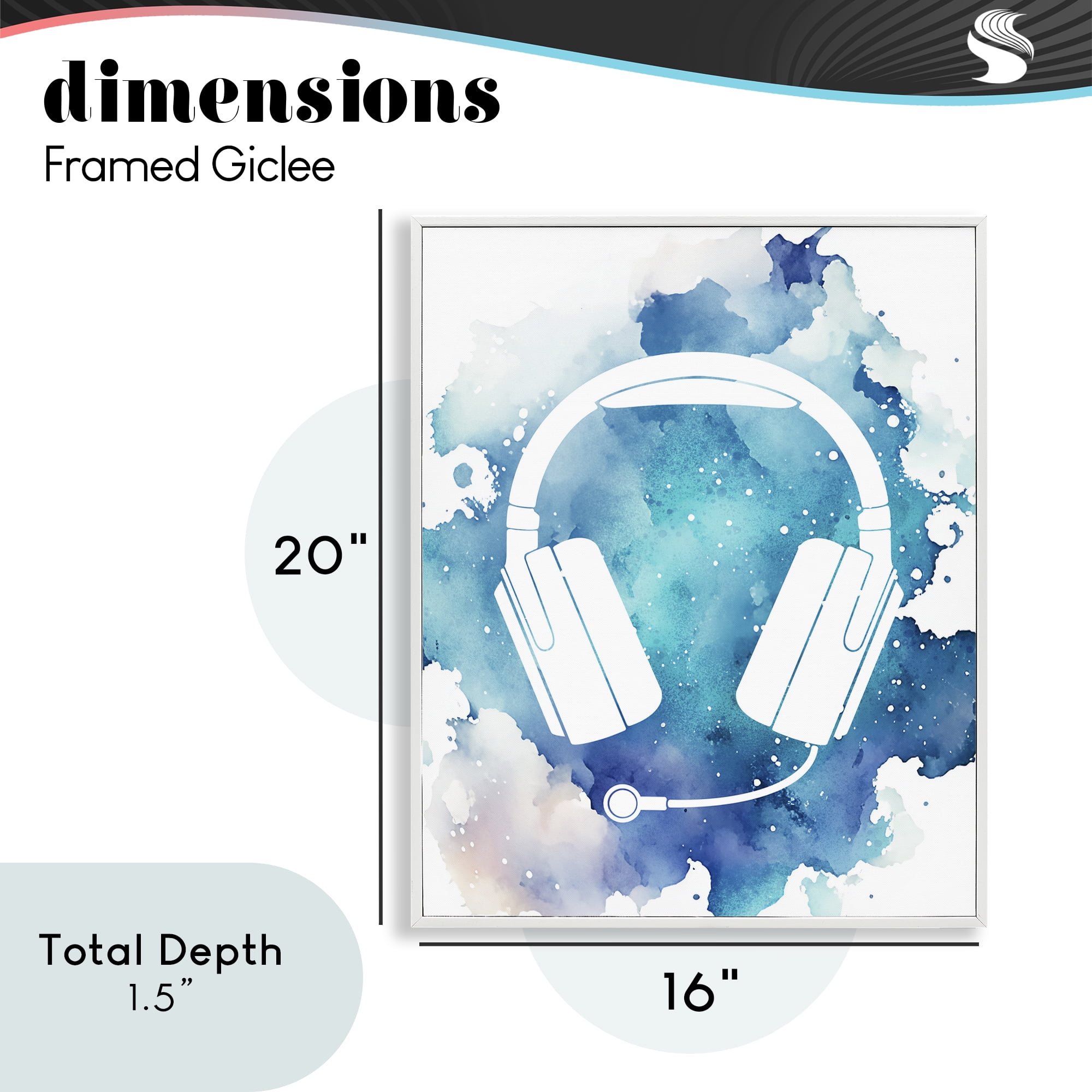 Blue Headphone Splatter White Framed Giclee Art, design by Marcus Prime