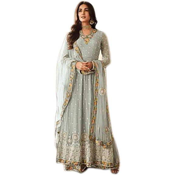 Ethnic Party Wear Designer Palazzo Suits Indian Pakistani Salwar Kameez Dress ( Sky Long, 5XL - 52 )
