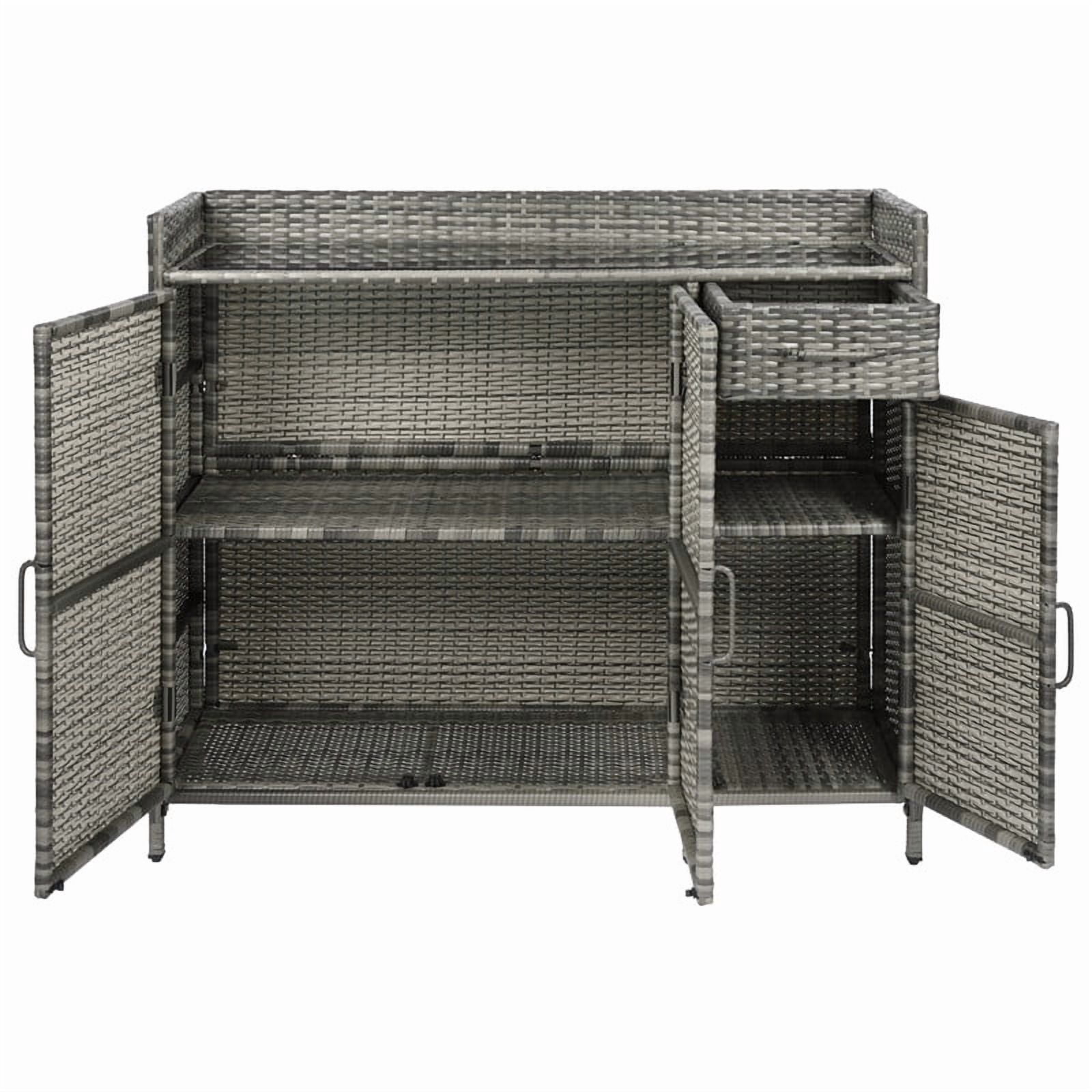 Wicker Outdoor Kitchen Island with Tempered Glass Desktop and Adjustable Shelf, Rattan Bar Table Storage Cabinet with 1 Drawer and 3 Doors