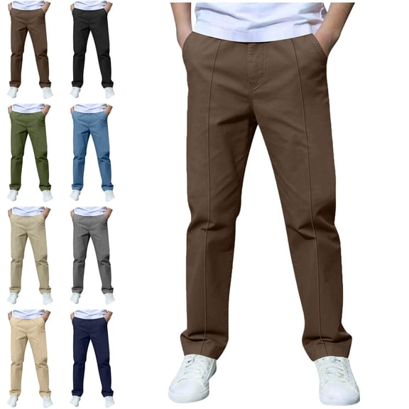 Sentuca Boys School Uniform Pants Elastic Waisted Straight Leg Chino Pant Casual Solid Color Kids Trousers Size 7-8Y Army Green