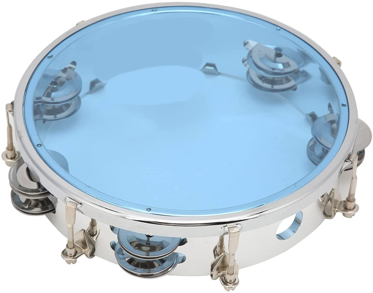 ABCISI 8 Inch Tambourine, Double Row Metal Jingles Hand Held Percussion Instrument with Drum Key for Church Worship Band Adults Beginners (Blue)