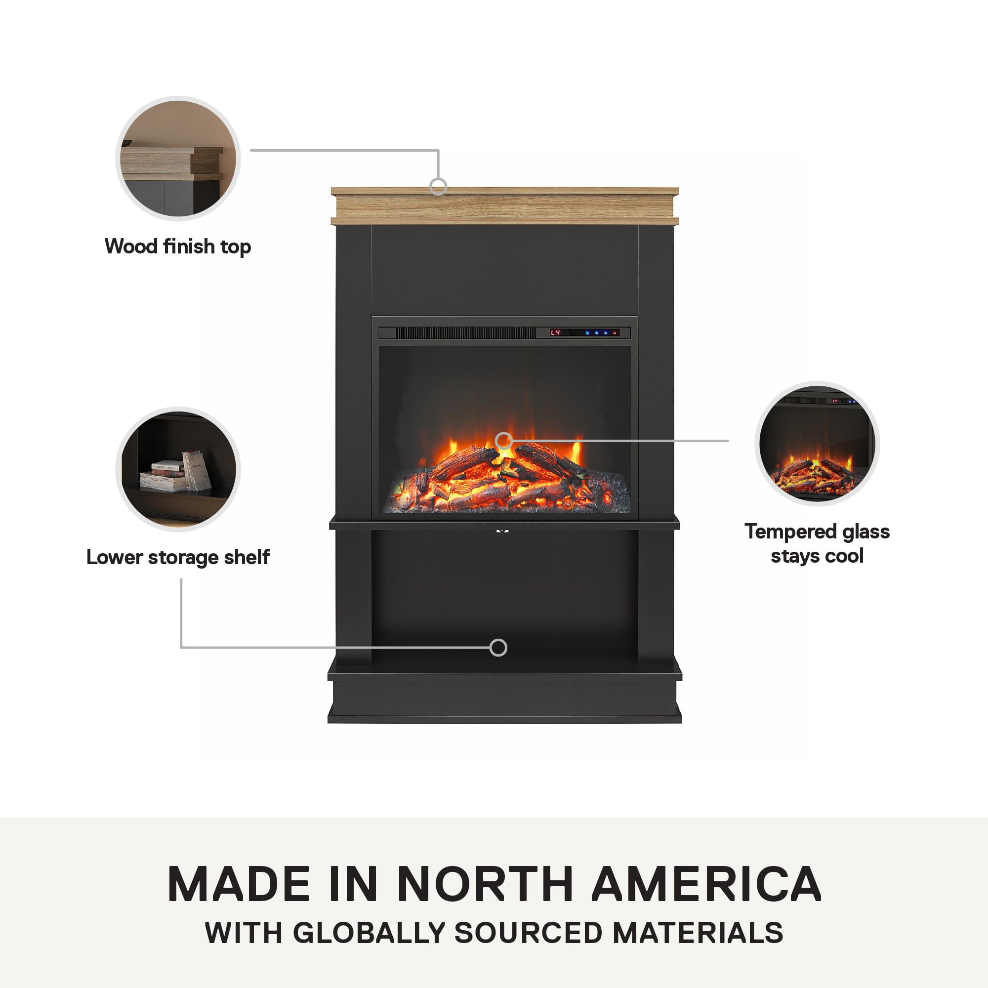 Ameriwood Home Mabrick Electric Fireplace with Mantel and Open Shelf, Black with Natural