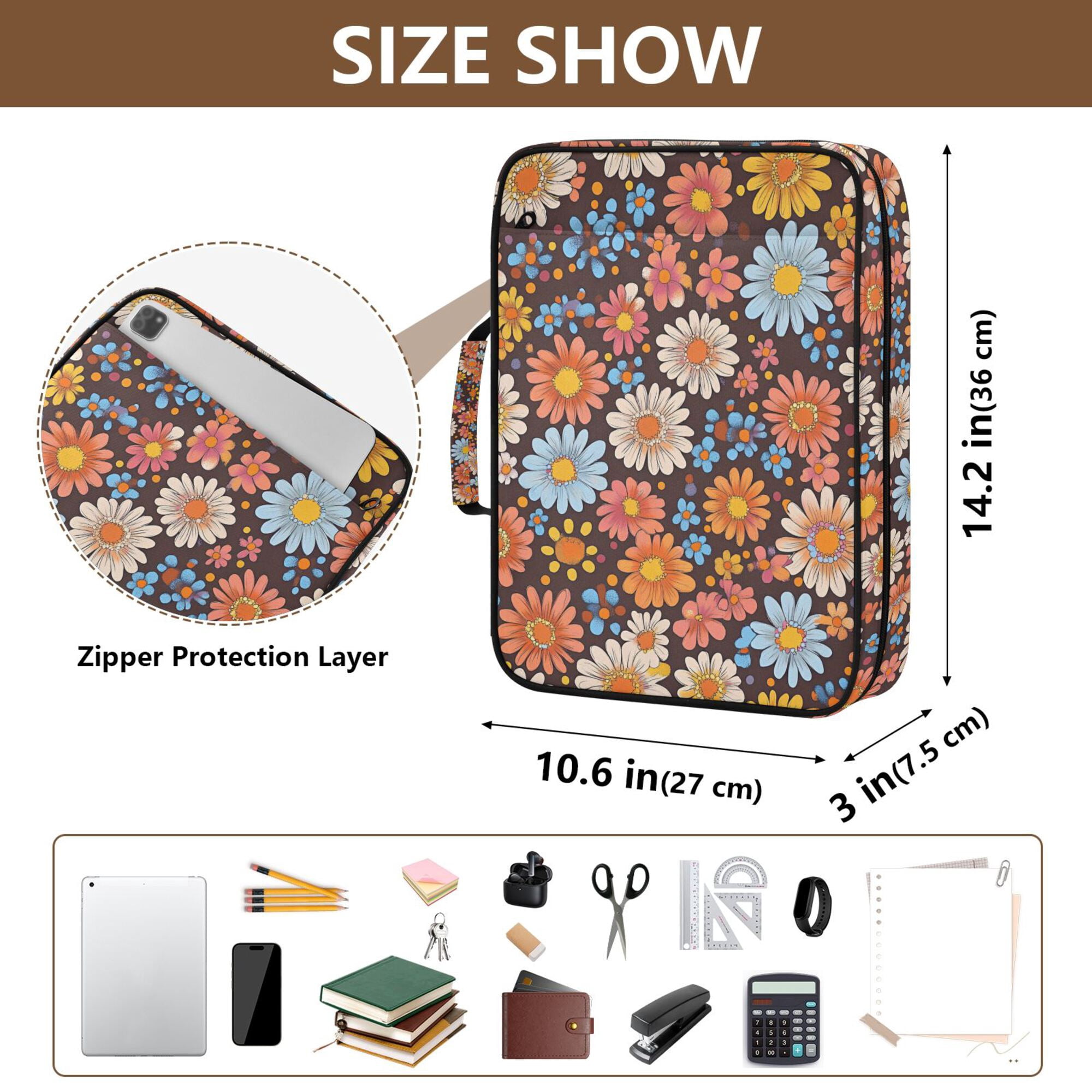 FORMRS Accordion File Folder A4 Size 7-Pocket Expanding Document Organizer Bag with 3 Ring Binder, Colorful Flowers