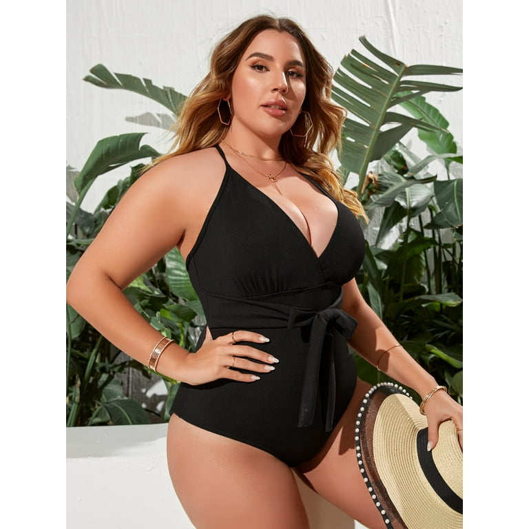 Plain black clearance plus size swimsuit