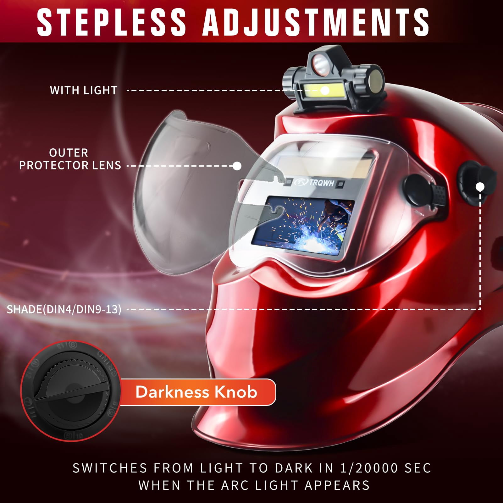 Auto Darkening Welding Helmet with Light Solar Powered True Color Welding Hood 2 Arc Sensor Wide Shade 9-13 Welding Mask with Extra Grinding Mode Weld Helmet