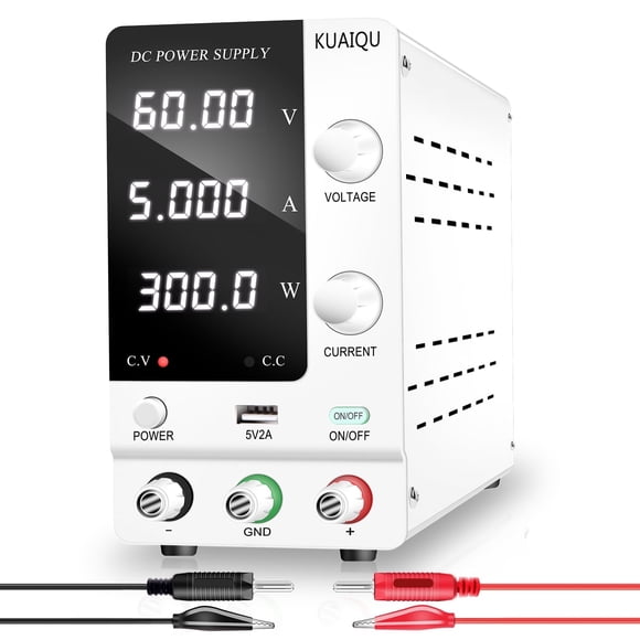 KUAIQU 60V 5A Variable DC Power Supply Adjustable Switching Regulated DC Bench Power Supply with Output Switch High Accuracy 4-Digit Colour LCD Display with 5V/2A USB Port & Encoder (White)