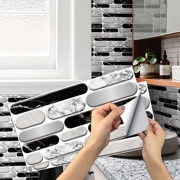 6Pcs Peel and Stick Tiles Wall Stickers Decals 11.8 x 5.9" Black Gray Marbing Waterproof Removable Vinyl Mosaic Sticker Kitchen Backsplash