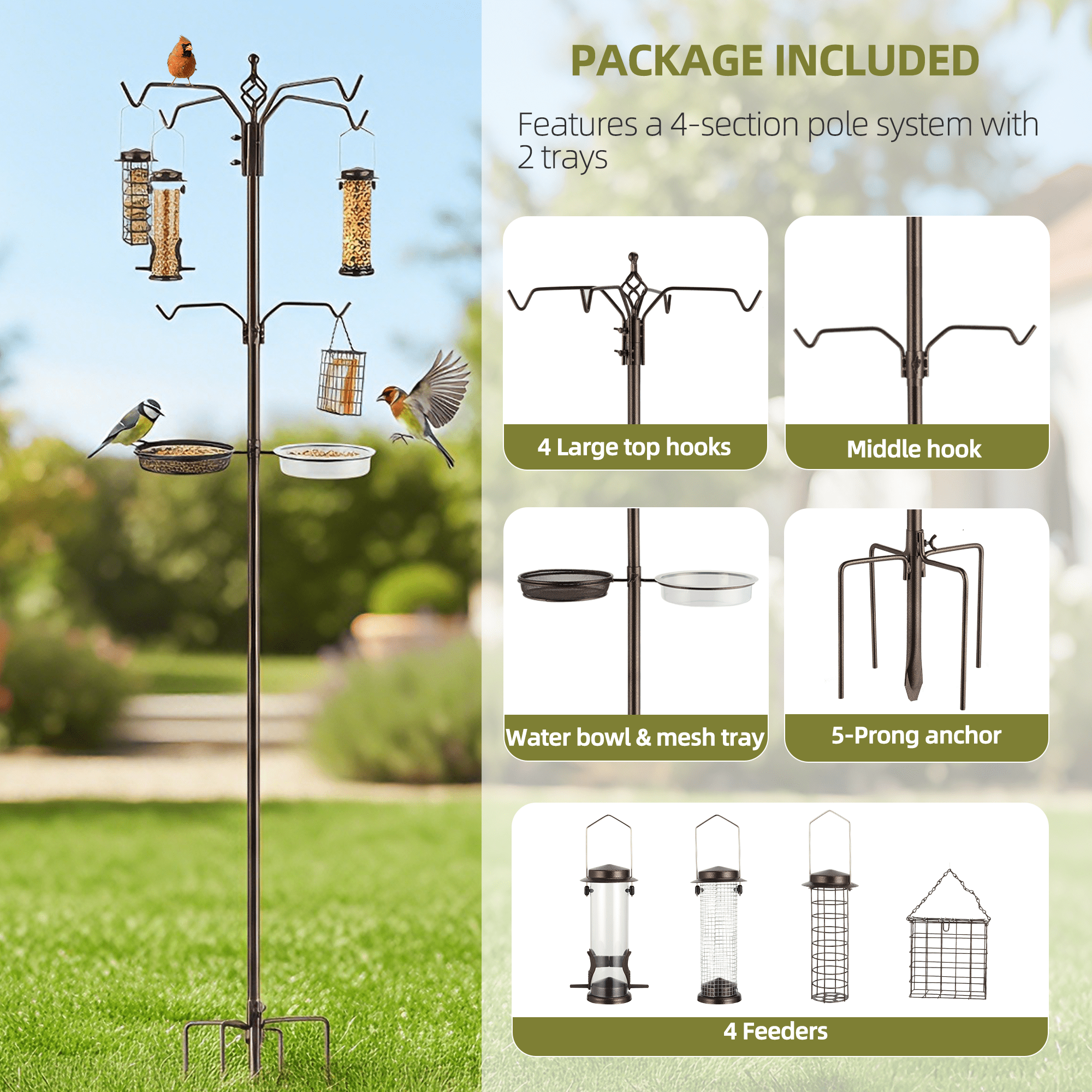 Urban Deco 96.4 Inch Bird Feeding Station Kit Wild Bird Feeder Hanging Planter Hanger Multi Feeder Hanging with Metal Suet Feeder Bird Bath for Attracting Wild Birds