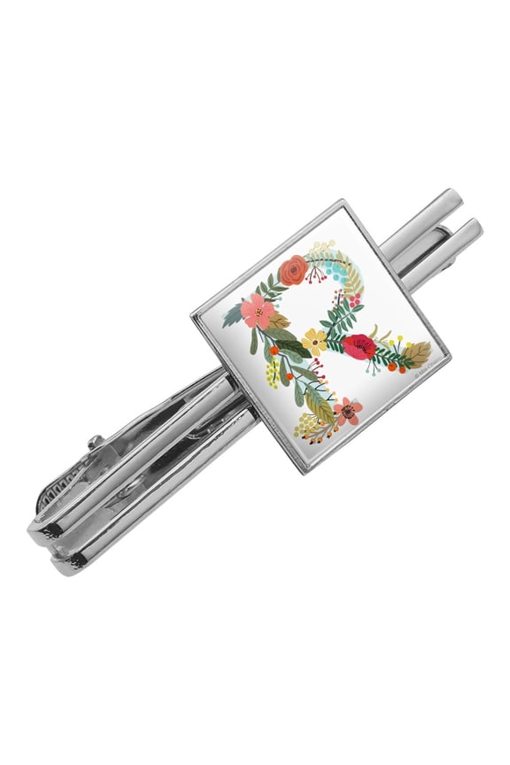 Letter R Floral Monogram Initial Square Tie Bar Clip Clasp Tack- Silver or Gold