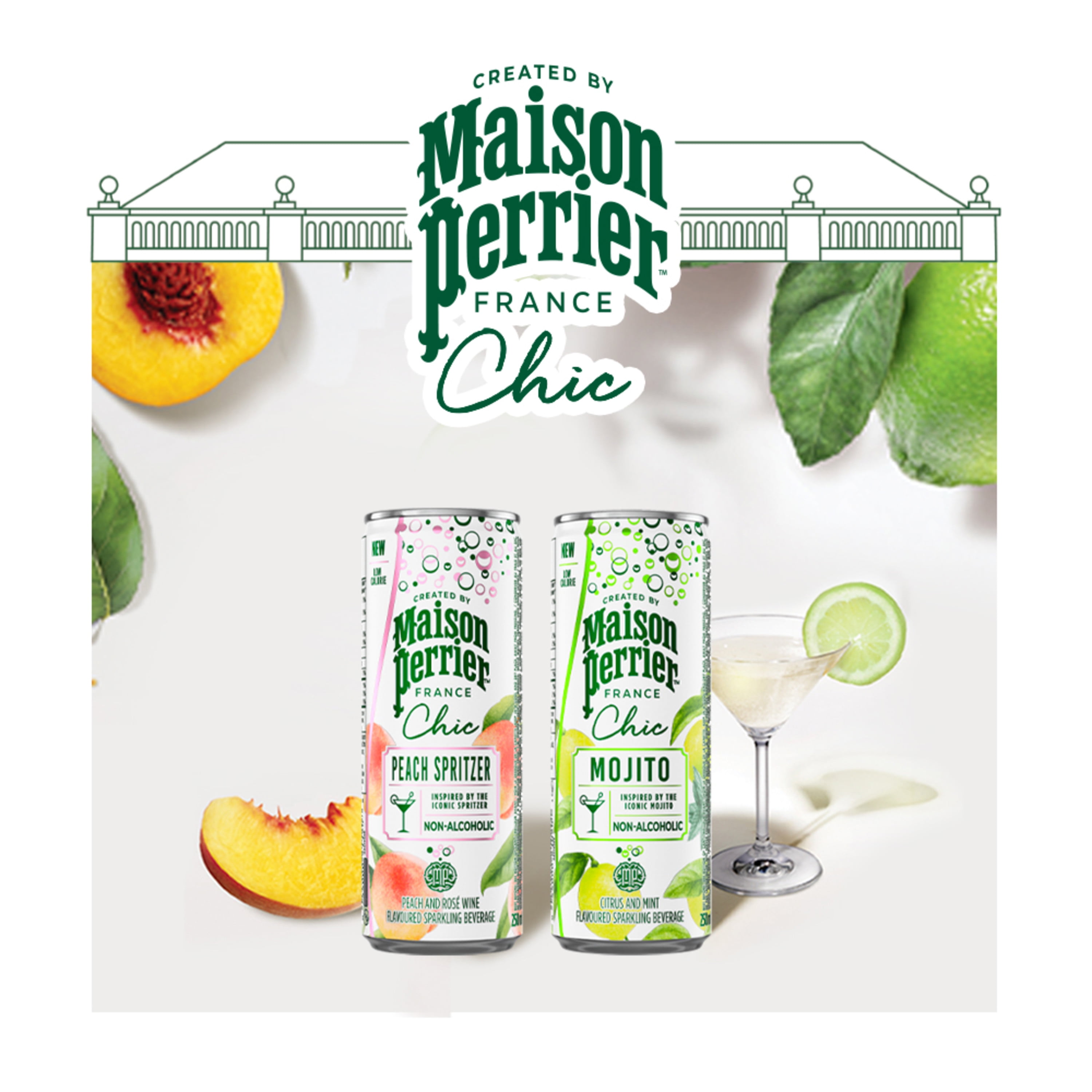 Maison Perrier MAISON PERRIER Chic Peach Spritzer, Non-Alcoholic, Peach And Rosé Wine-Flavoured Sparkling Beverage, Low Calorie Mocktail, Ready To Drink, 1 L