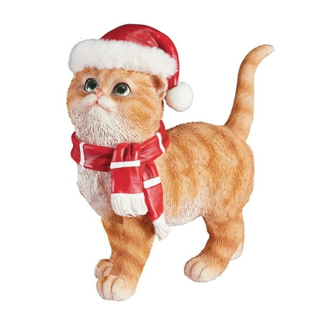 - Tabby Cat Statue with Santa Hat and Scarf - Whimsical Holiday Decoration