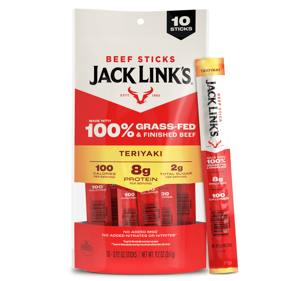 Jack Link’s Grass-Fed & Finished Teriyaki Beef Sticks, 9.2 Ounce, 10 count bag