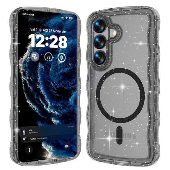 Dteck Magnetic Case for Samsung Galaxy S26 ,Shockproof TPU PC Compatible with Mag Safe Case Sparkly Bling Glitter Cute Wave Edge Cover,Black
