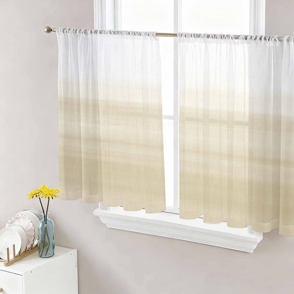 Sheer Curtains 54 Inch Length 2 Panels Set for Kitchen, Beige White Stripes Semi Sheer Curtains for Windows, Farmhouse Modern Gradient Lines Voile Window Treatments Rod Pocket Curtain
