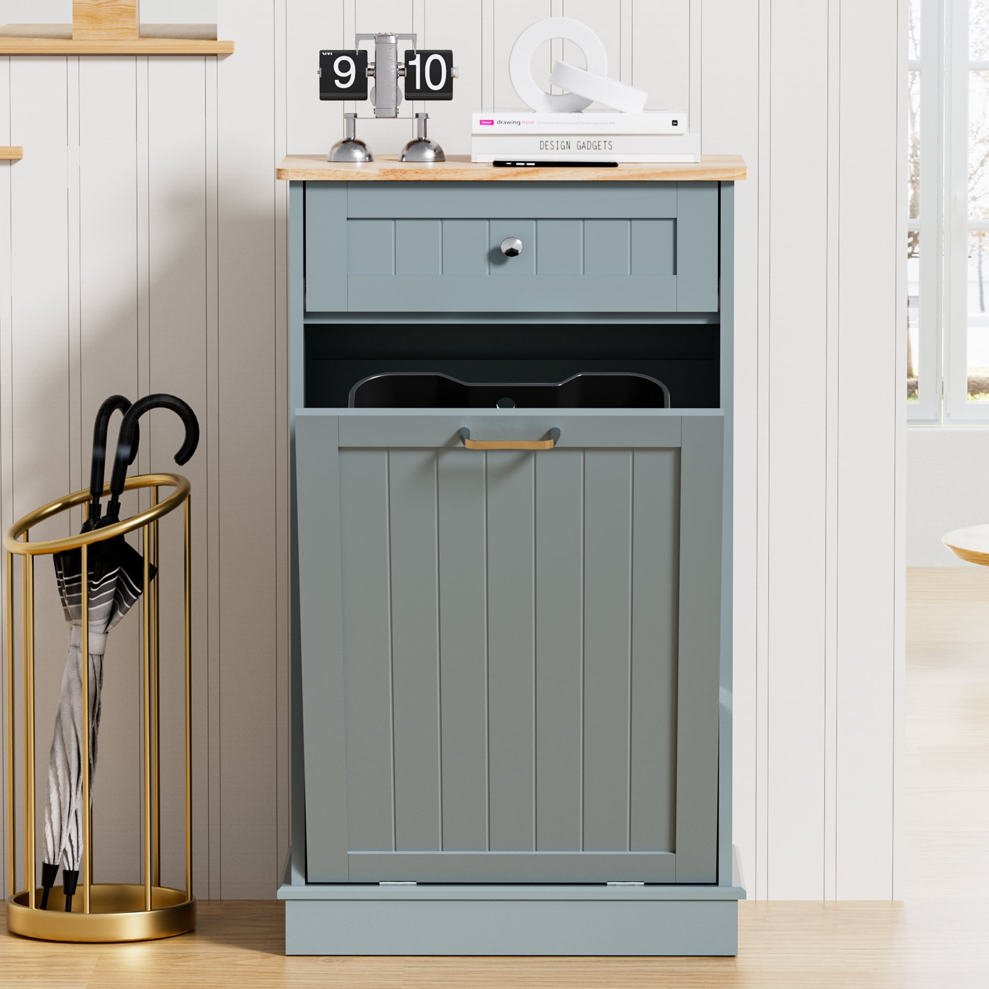 AHB 13 Gallon Single Tilt Out Trash Cabinet with Drawer, Freestanding Kitchen Trash Can Storage Organizer, 20.9"L x 13.55"W x 38.5"H, Blue