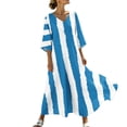 thumbnail image 2 of Uscallm Women Plus Size V Neck Short Sleeve Boho Flowy Striped Maxi Dresses Loose Casual Beach Vacation Swing Long Dresses with Elastic Waist, Light Blue 2XL, 2 of 8