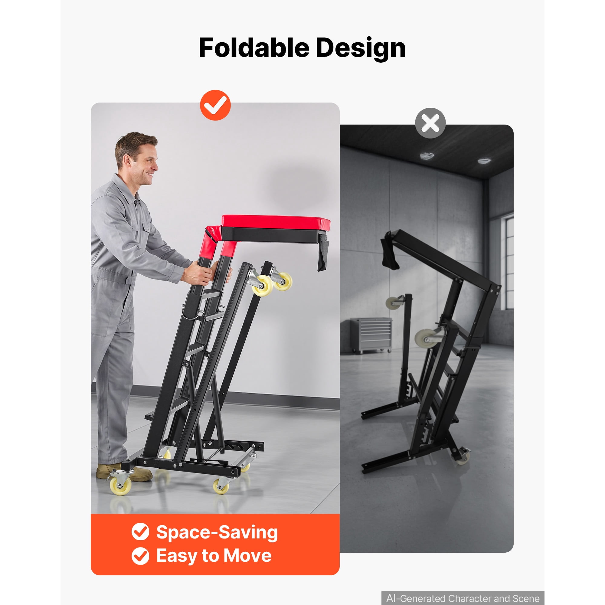 KFFKFF Adjustable Automotive Creeper, 48"-64" High Top Design, Foldable with 400 lbs Steel Support, Stable H-Frame Base, 6 Smooth Wheels for Vehicle Repair and Maintenance