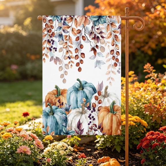 Orange Blue Pumpkin Fall Garden Flag 12x18 Double Sided - Welcome Garden Flags for All Seasons Outside Décor, Thanksgiving Maple Leaf Decorative Personalized Yard Flags Small Sign