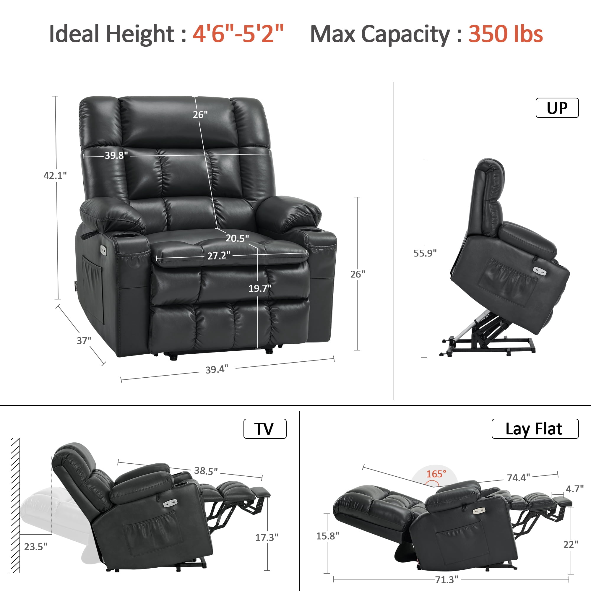 MCombo Small Dual Motor Power Lift Recliner Chair Sofa with Massage and Heat for Elderly People, Infinite Position, USB Ports, Faux Leather R7894 (Black, Small-Wide)