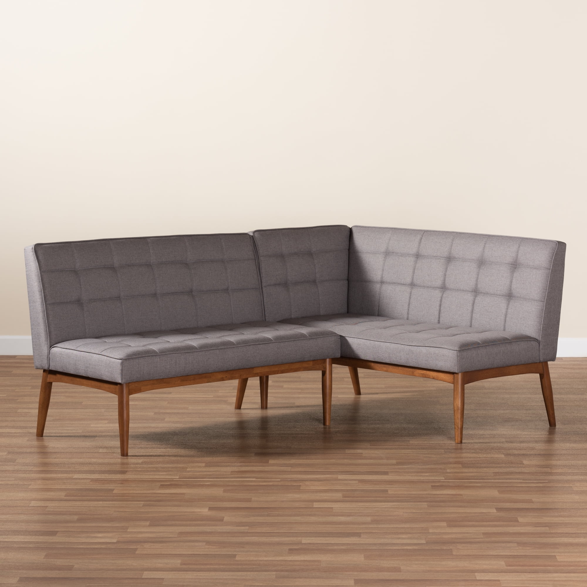 Baxton Studio Sanford Mid-Century Modern Grey Fabric Upholstered and Walnut Brown Finished Wood 2-Piece Dining Nook Banquette Set