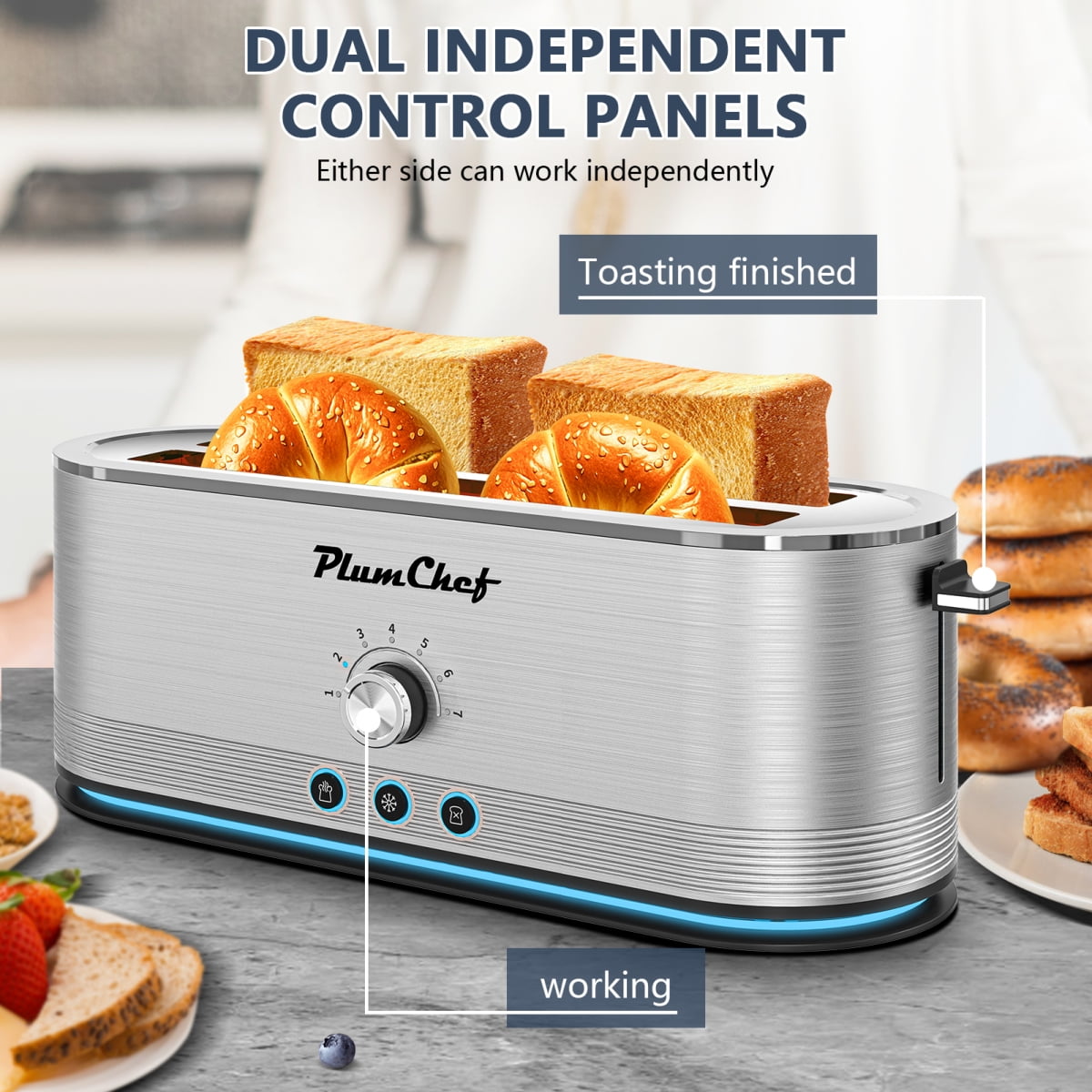 4-Slice Toaster, 7 Browning Settings, Defrost/Reheat Functions, Removable Crumb Tray, Full body Stainless Steel Housing 1350W,Anti-Fingerprint  Anti-Jam stainless steel