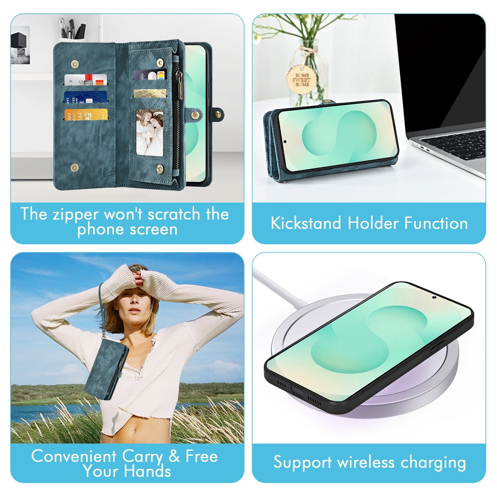 Asuwish Phone Case for Samsung Galaxy S25 Plus S25+ 5G Zipper Wallet Detachable Cell Cover with Tempered Glass Screen Protector Strap Flip Card Holder S25Plus 25S + S 25 25+ SM-S936U Women Girls Blue