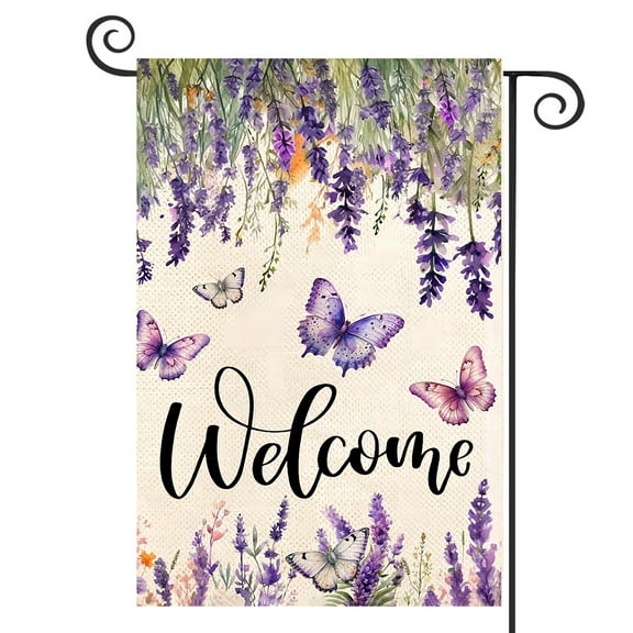 DMERBYL Spring Summer Flower Garden Flag Lavender Butterfly Floral Welcome Small Yard Burlap Double Sided Vertical Seasonal Farmhouse Wedding Yard Outdoor Decoration 12.5x18 Inch