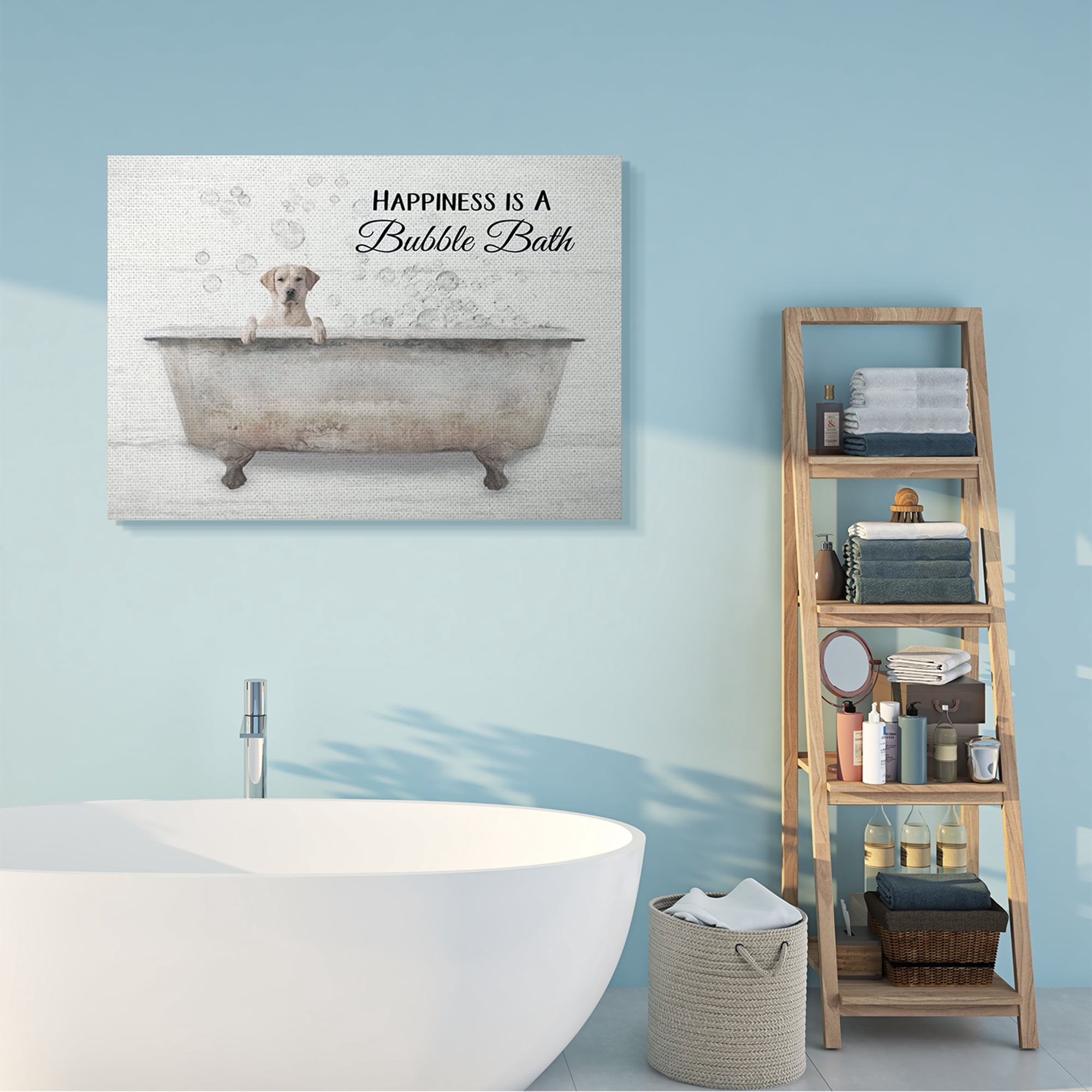 Stupell Industries Happiness Is A Bubble Bath Dog In Tub Word Design Super Stretched Canvas Wall Art by Lori Deiter, 36" x 48"
