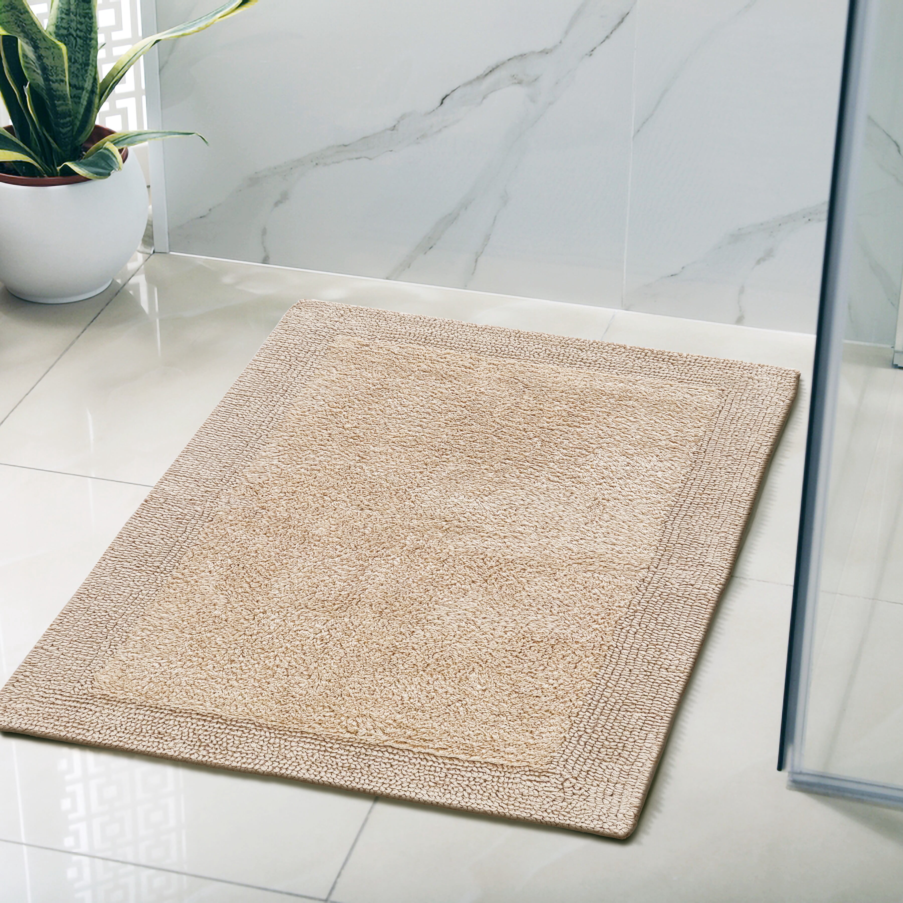 Cotton Reversible Bathmats 20"X32" Beige – 100% Cotton Scalloped Bath Mat, Anti‑Skid, Soft & Absorbent Bathroom Rug for Shower, Tub & Entryway