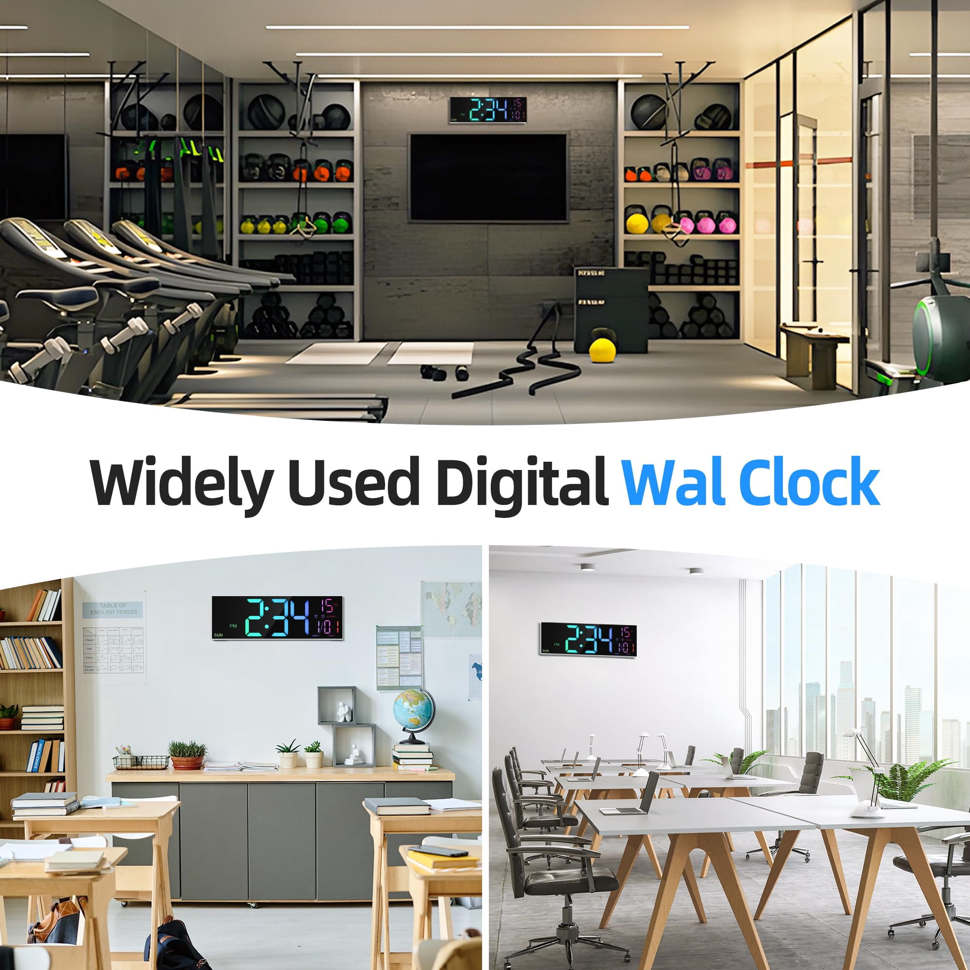 Mee 2ou 16" Large Digital Clock With Temperature, Date, Auto DST, Night Light, Auto Brightness Dimmer, 24/12-hour Wall Clock for Living Room Garage Office Classroom Gym Shop Decor