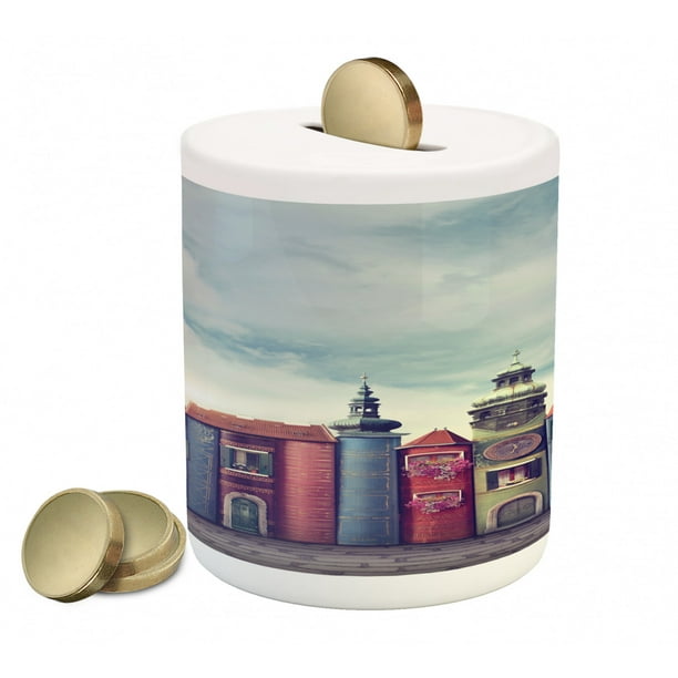 Fantasy Piggy Bank, City with Old Books Style Buildings Birds and