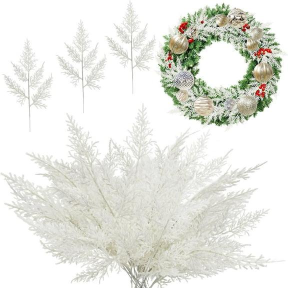 Janrevotw 24Pcs Christmas Tree Picks, 13.78 Inch Artificial Snowy Christmas Tree Filler, Pine Branches - Pine Stems for Christmas Wreath Making, DIY Xmas Tree Decor