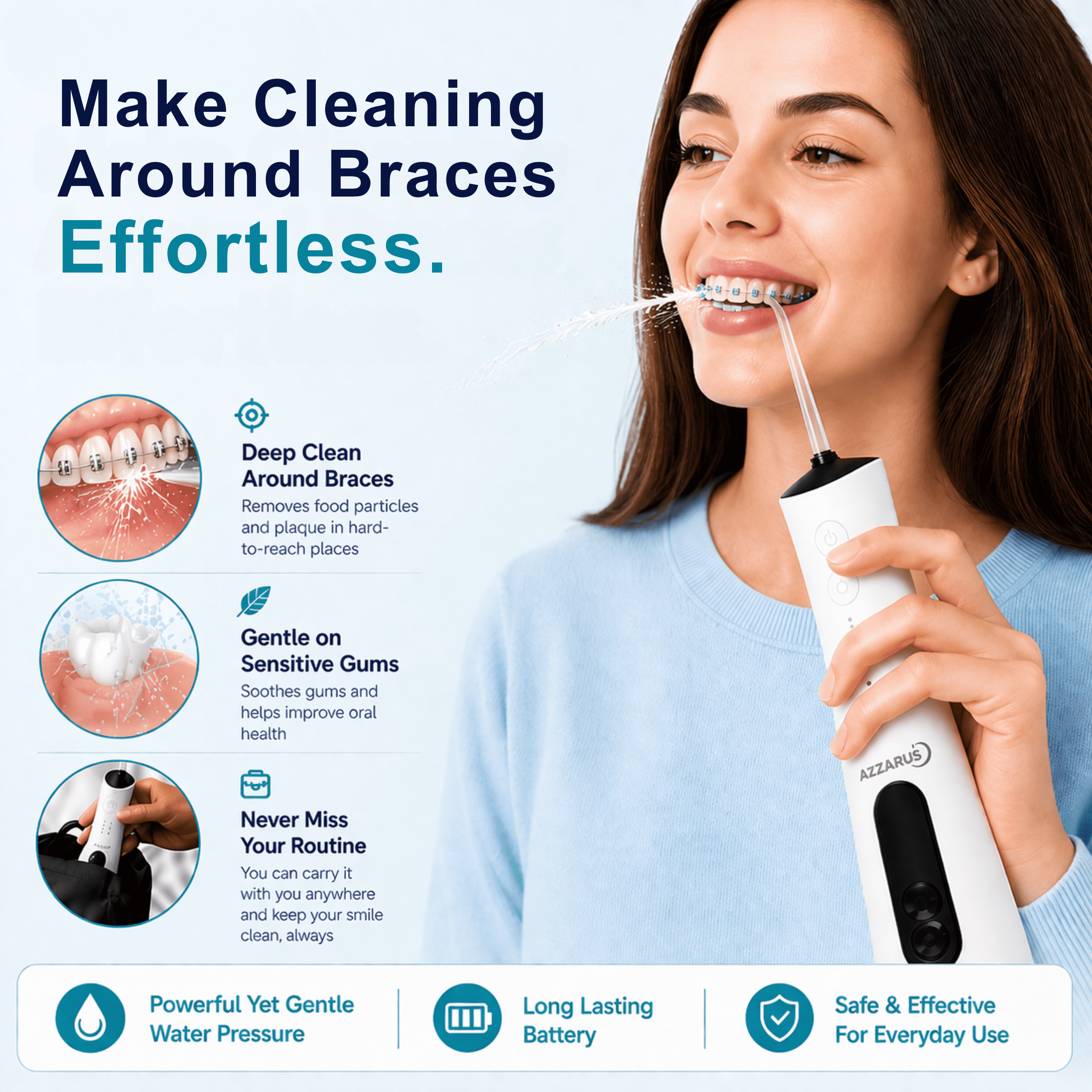 AZZARUS® Water Flosser – Cordless Oral Irrigator, Portable, 300ml Tank, 4 Modes, 5 Tips, Rechargeable, Waterproof (White)