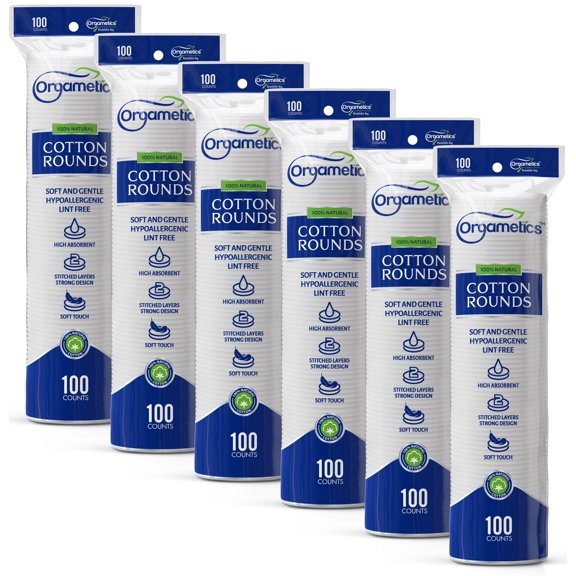 ORGAMETICS Cotton Rounds, 100% Natural Turkish Cotton Premium Makeup Remover and Facial Cleansing Round Pads, Luxury Quality (600 Count-Pack of 6)