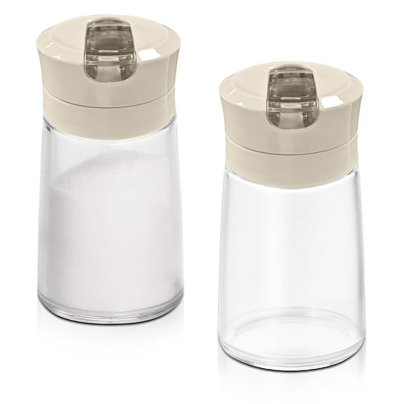 LELE LIFE 2Pcs Glass Sugar Dispenser with Auto Flip Pour Spout, Weighted Pourer Sugar Container, 8.5oz Sugar Bowl Shaker Jar Salt Dish Holder Coffee Bar Accessories, Brown