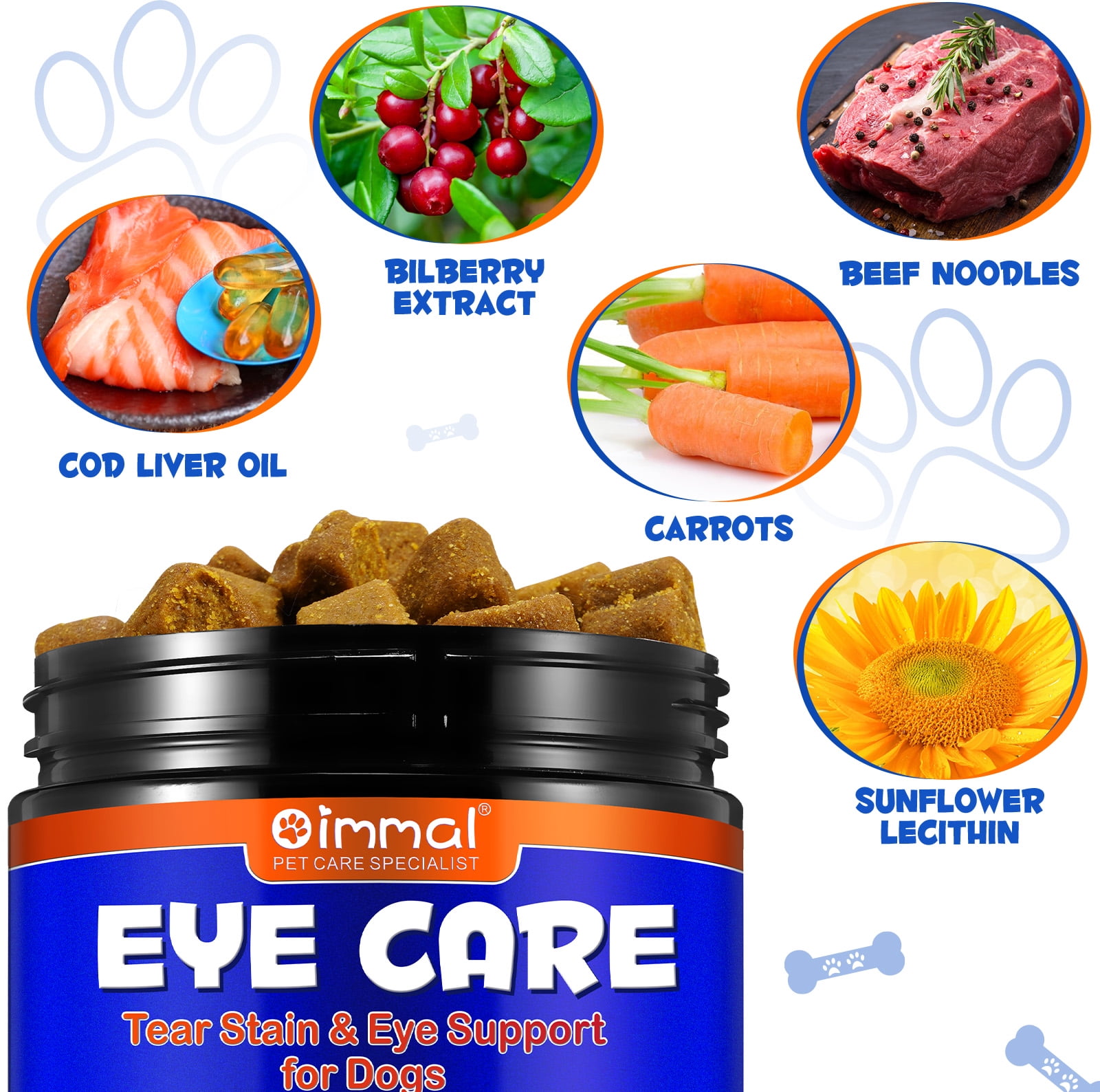 Oimmal Vision Supplement for Dogs, Tear Stain Support with Omega-3 Fatty Acids, Lutein, Bilberry Extract - Dog Vision & Immune Support Supplement - Beef Flavor 300 Chews