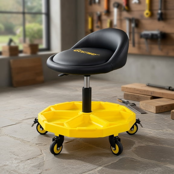 Spaco 20 Inch-25 Inch Height Adjustable Rolling Garage Stool, Garage Stool with Tool Tray Storage for Patio, Garden, Backyard, Yellow