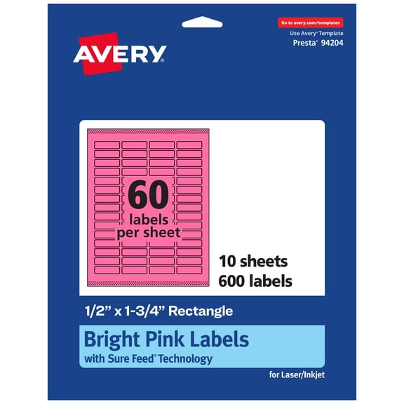 Avery Printable Rectangle Labels, Bright Pink, 0.5" x 1.75", 600ct