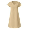 thumbnail image 3 of Robes pour Femmes Liquidation Femmes Manches Courtes Col en V Décontracté Chaud Vacances Couleur Unie Mini Robe Droite Coton Lin Robe T-Shirt Printemps Été Robes pour Femmes, 3 of 7