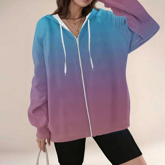 Women's Gradient Color Hoodies V Neck Long Sleeve Quarter Zip Up Lightweight Oversized Casual Hooded Sweatshirt (L, Blue)