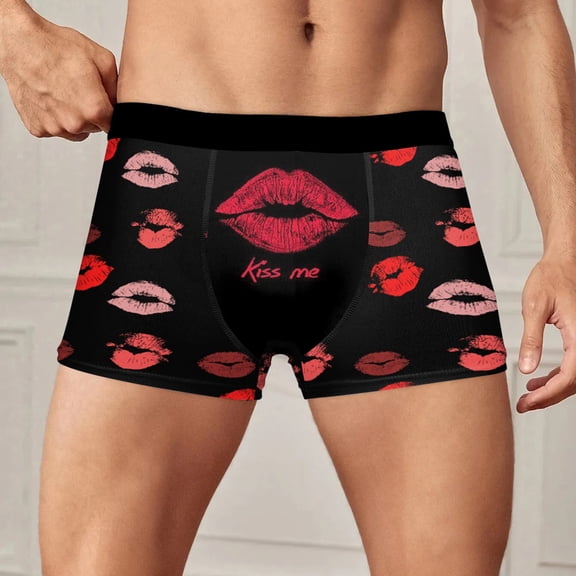 HOWPAY Men's Boxer Briefs Valentines Lipstick Kisses Graphic Active Stretch Breathable Shorts Comfy Gym Briefs Loose Soft Underpants Black L