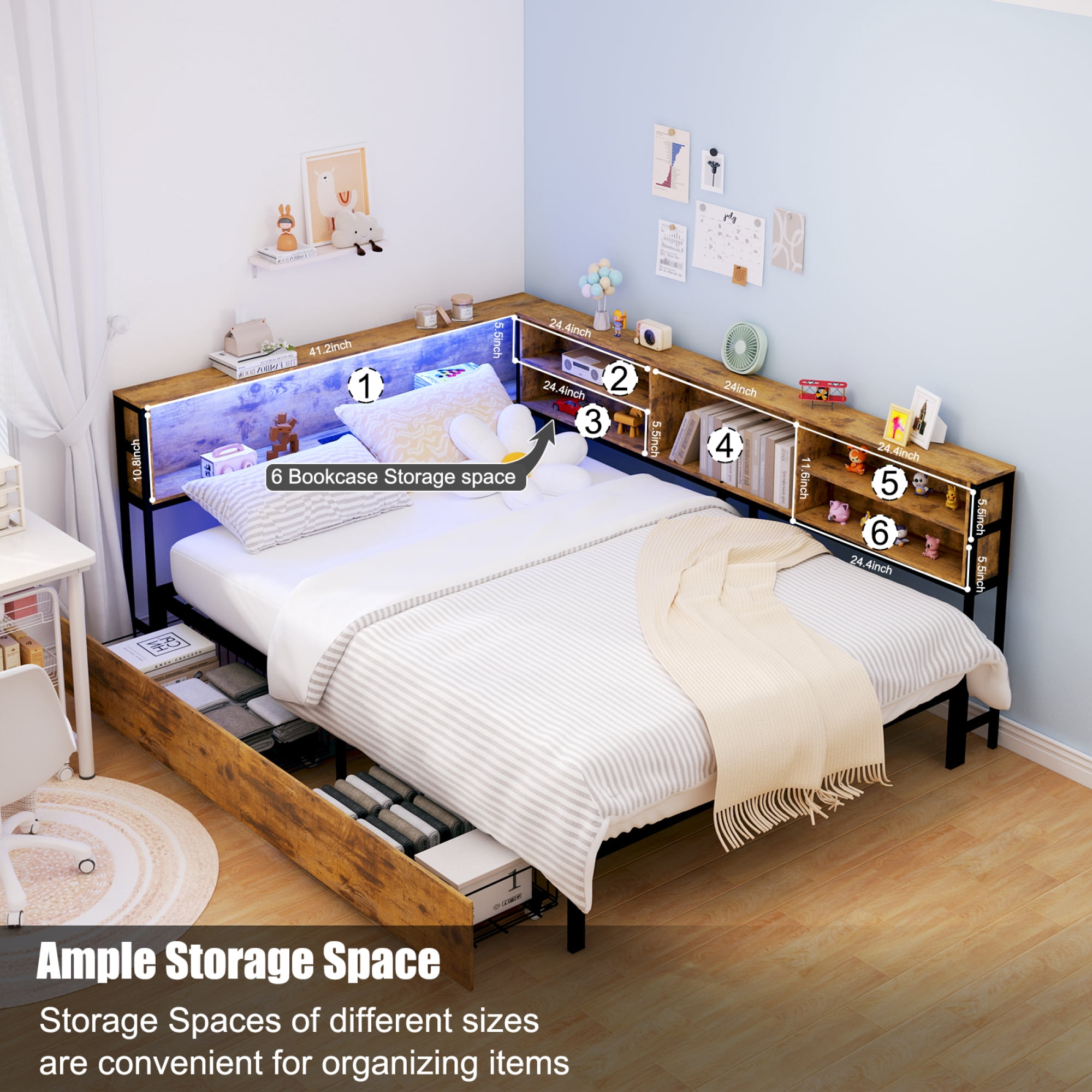 Leumius Corner Full Bed Frame with Storage Drawers,Bookcase Headboard, LED Lighting & USB Charging Station,Full Size Daybed Corner Bed for Bedroom,