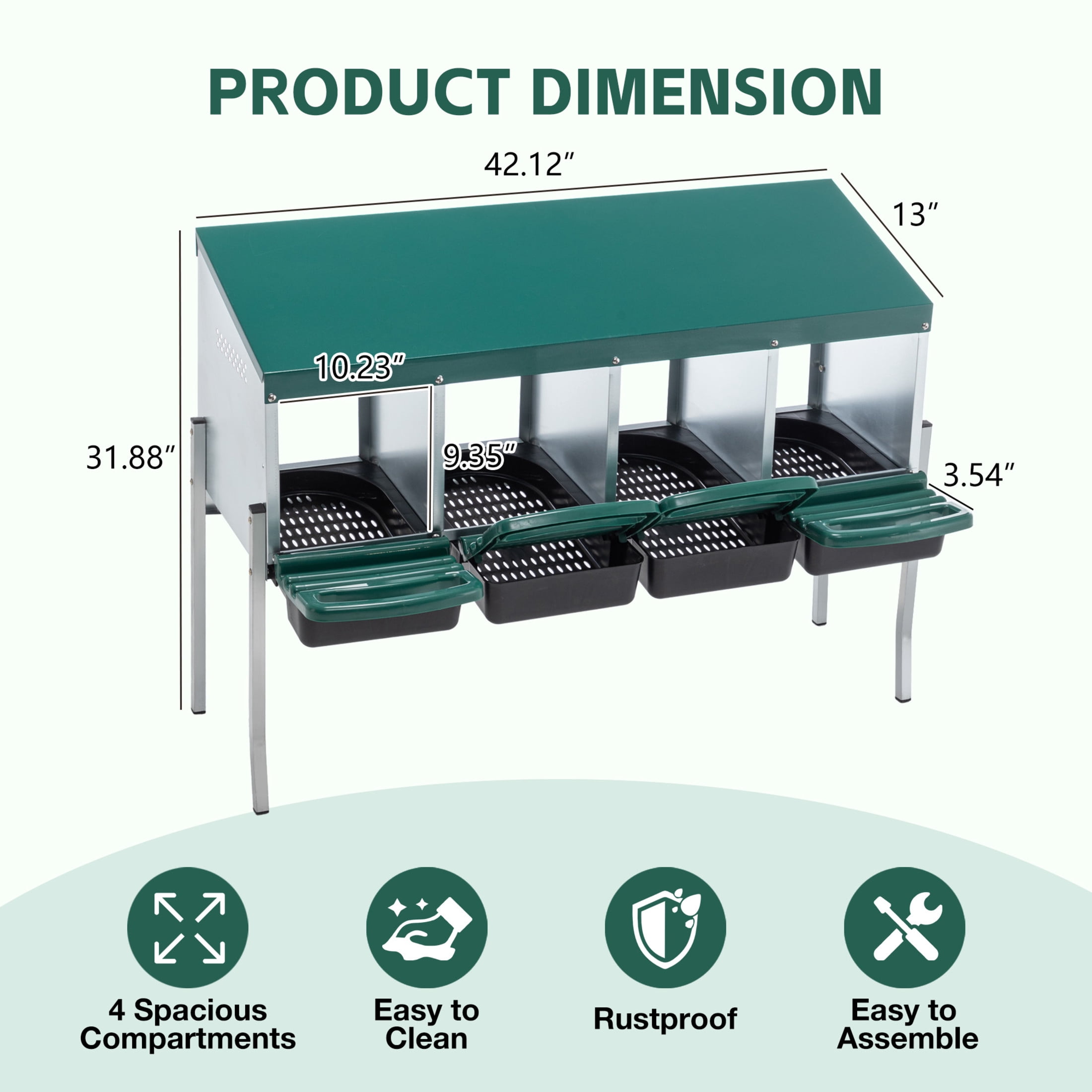 Noble House 4-Hole Outdoor Steel Chicken Nesting Box with Legs and Egg Collection Tray, Hens Laying Box, Green