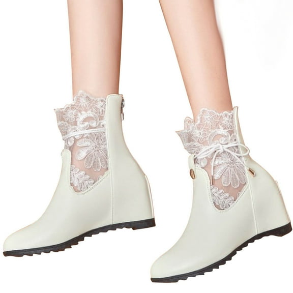 jsaierl Wedge Ankle Boots for Women - Fashion Lace Mesh Boots Round Toe Lace Platform Short Booties Comfortable Trendy Ladies Shoes