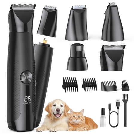 Dog Clippers with LED Display, Cordless 4-in-1 Pet Grooming Tool for Dogs Cats, Low-Noise Hair Trimmer with Nail Grinder Attachment, Rechargeable